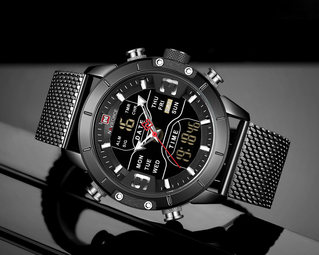 Black mens sport watch with digital and analog display
