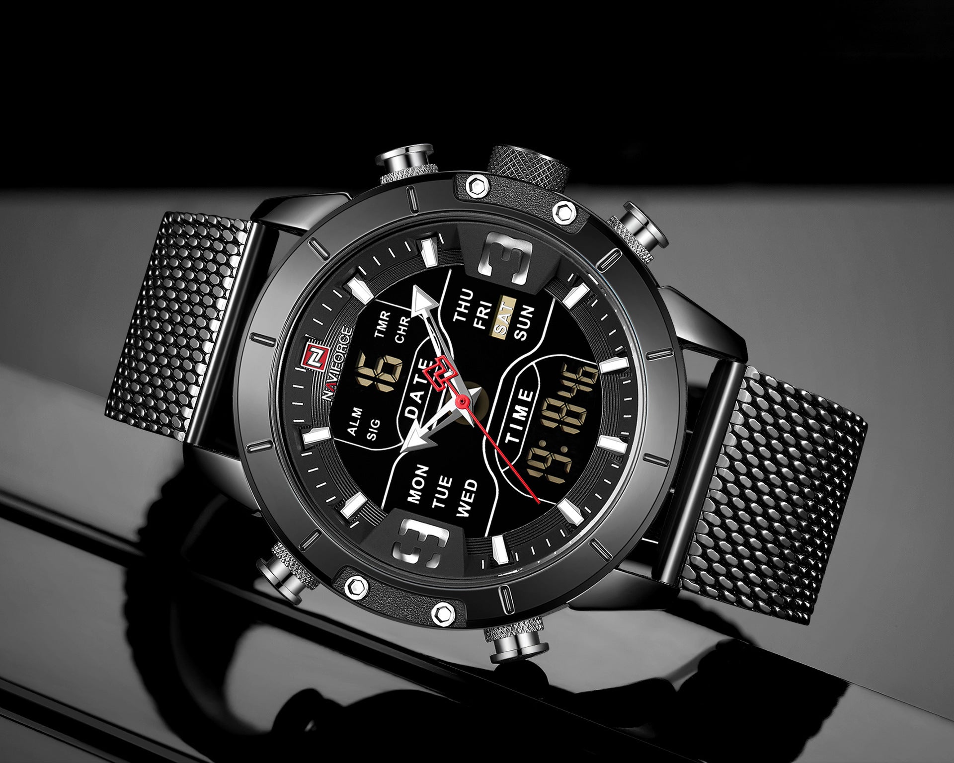 Black mens sport watch with digital and analog display