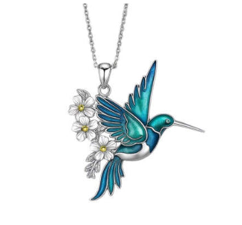 blue hummingbird floral pendant necklace