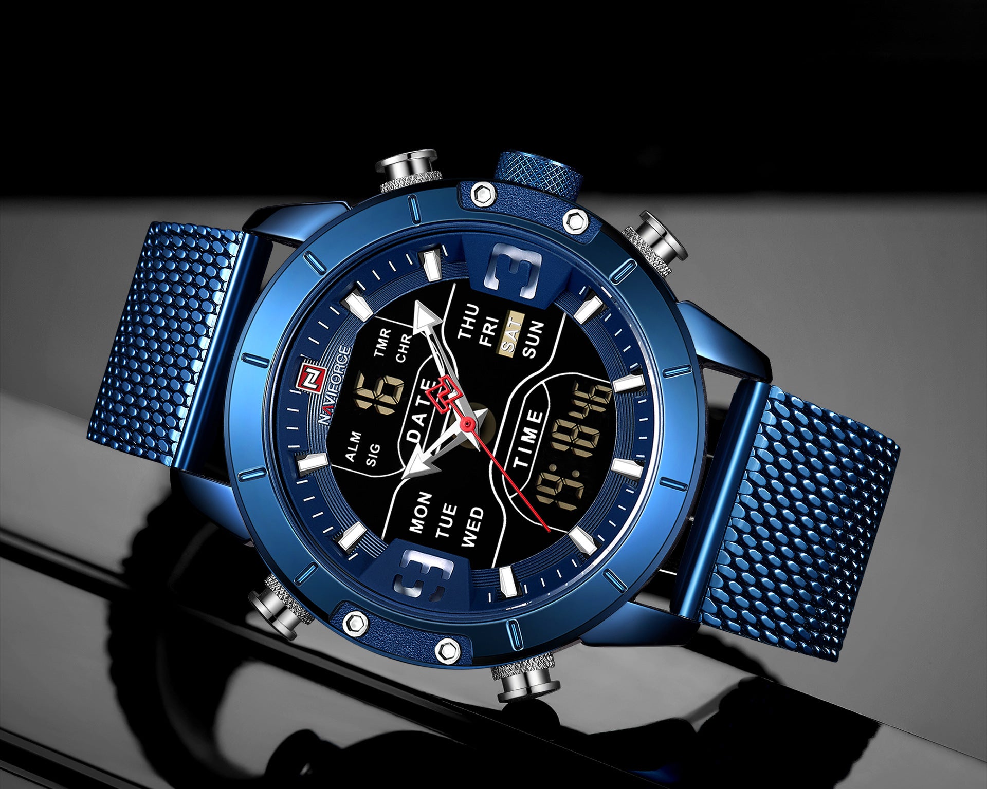 Blue mens sport watch with digital and analog display