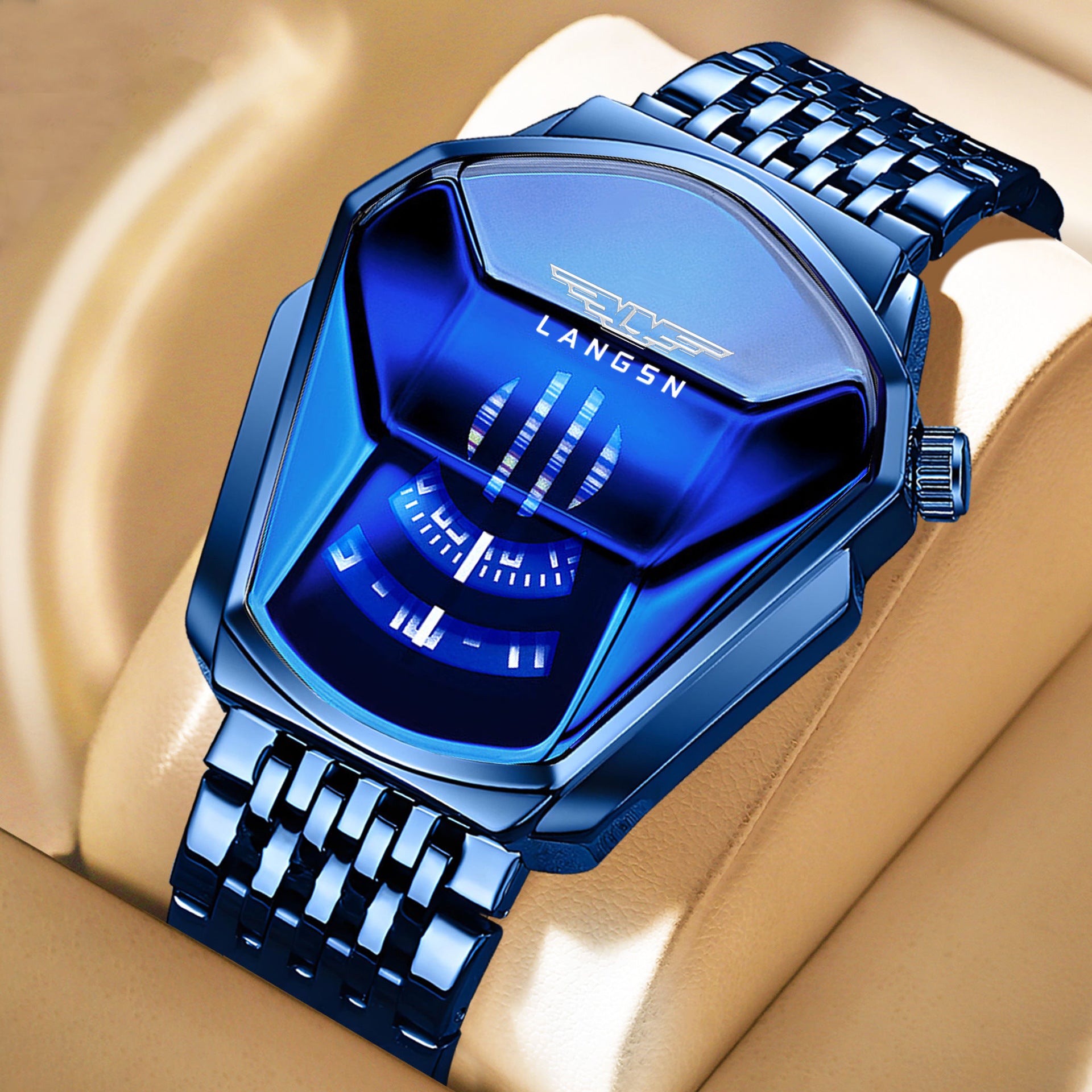 Blue mens watch with a metallic strap on a beige background