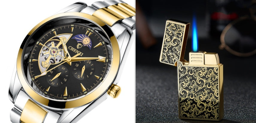 Gold and silver mens business quartz watch with black face