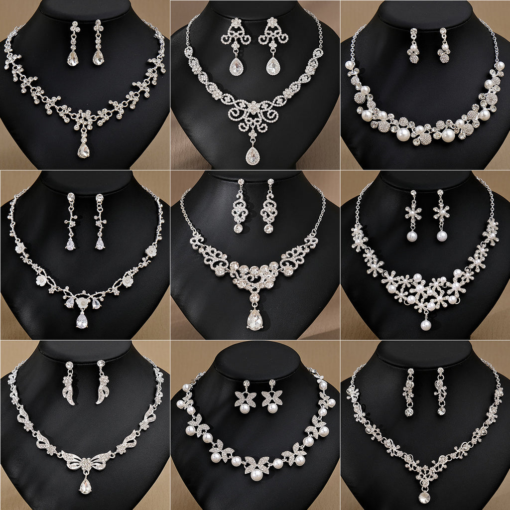Collage of various silver and pearl necklace sets on mannequin necks.