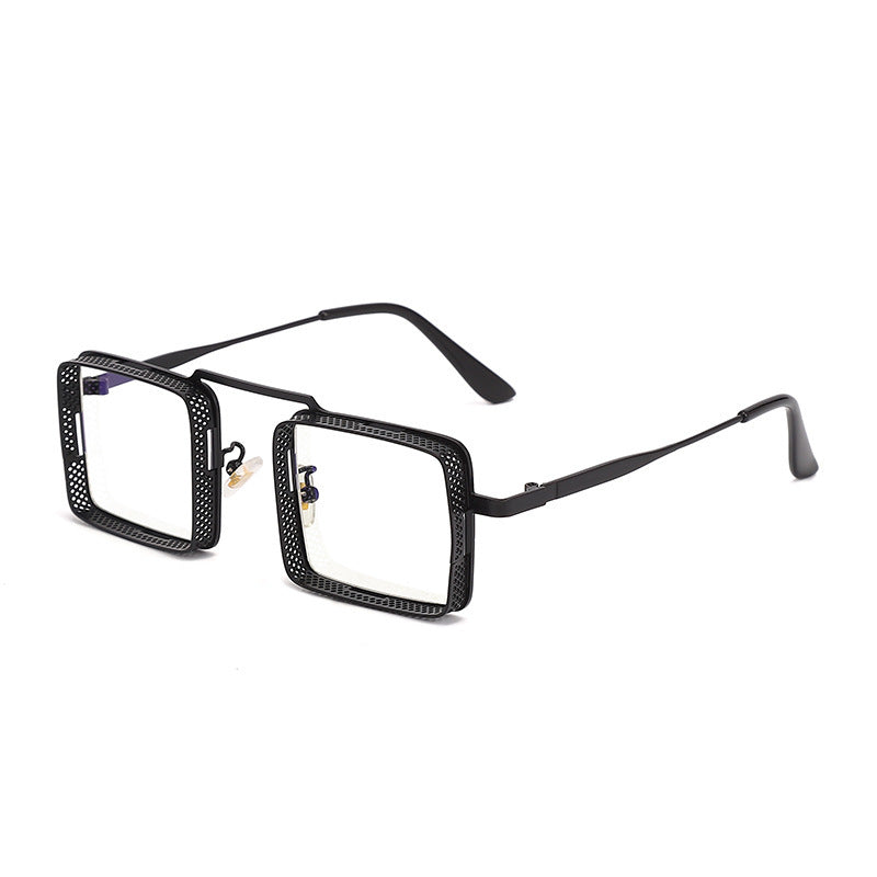 Black square-framed eyeglasses on a white background