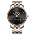 gents automatic watch with black dial and rose gold and silver metal band