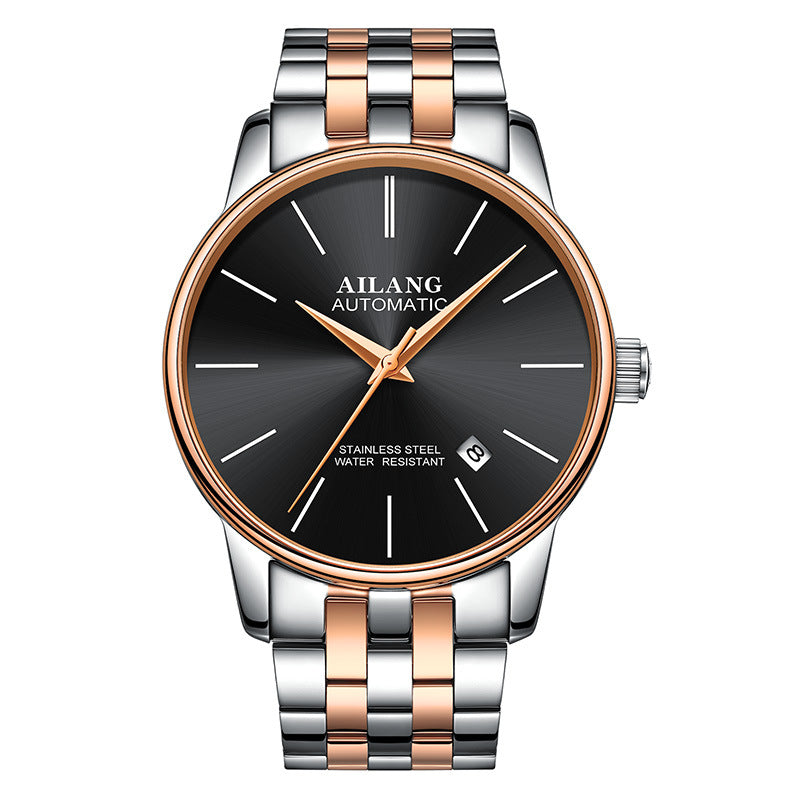gents automatic watch with black dial and rose gold and silver metal band