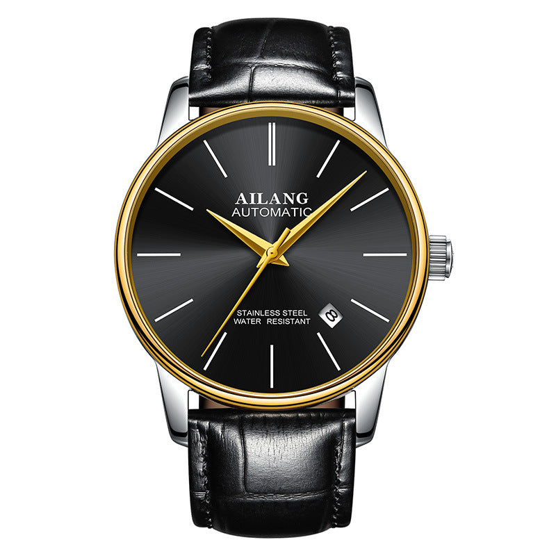 gents automatic watch with black leather strap and gold and black dial