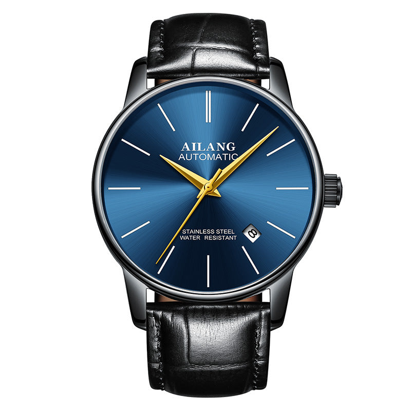 gents automatic watch with blue dial and black leather strap