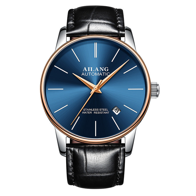 gents automatic watch with blue dial and leather strap