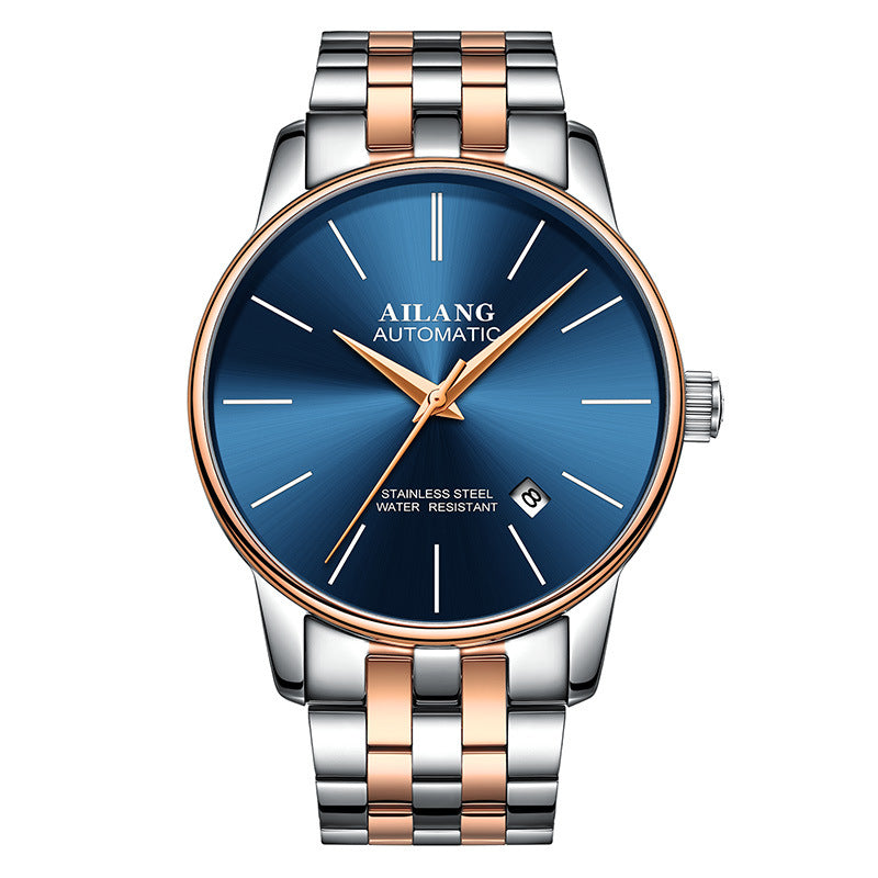 Ailang gents automatic watch with blue dial and rose gold and silver band