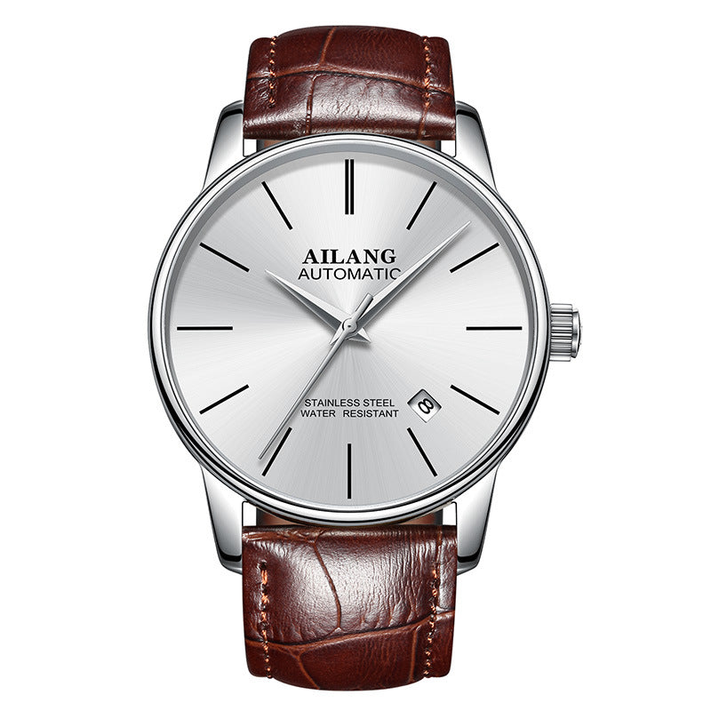 gents automatic watch with brown leather strap and silver case