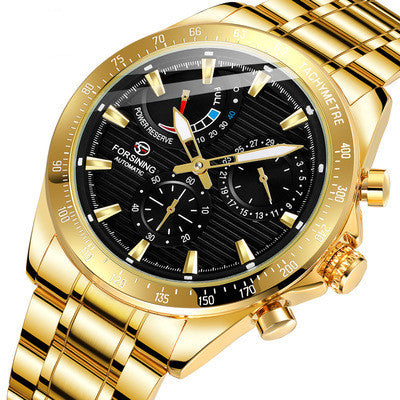 Gold mens mechanical watch with a black dial