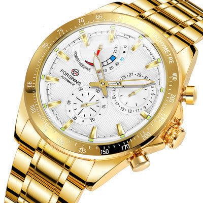 Gold mens mechanical watch with a detailed face