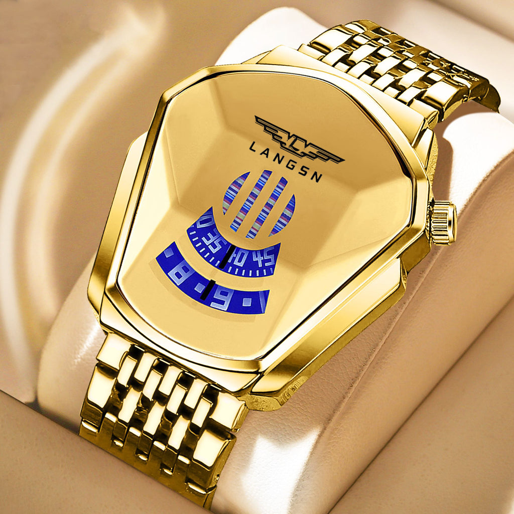 Gold mens watch with blue face on a beige background