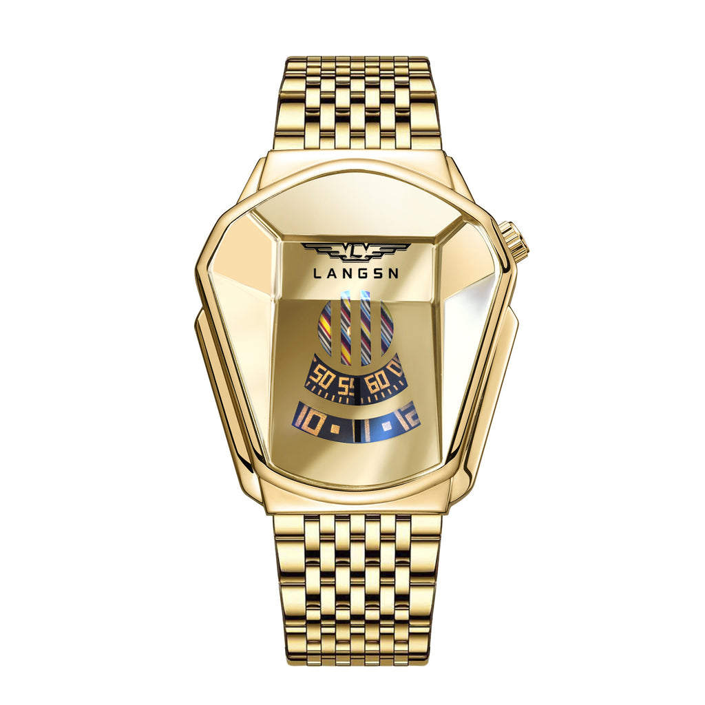 Gold mens watch with a detailed face on a white background