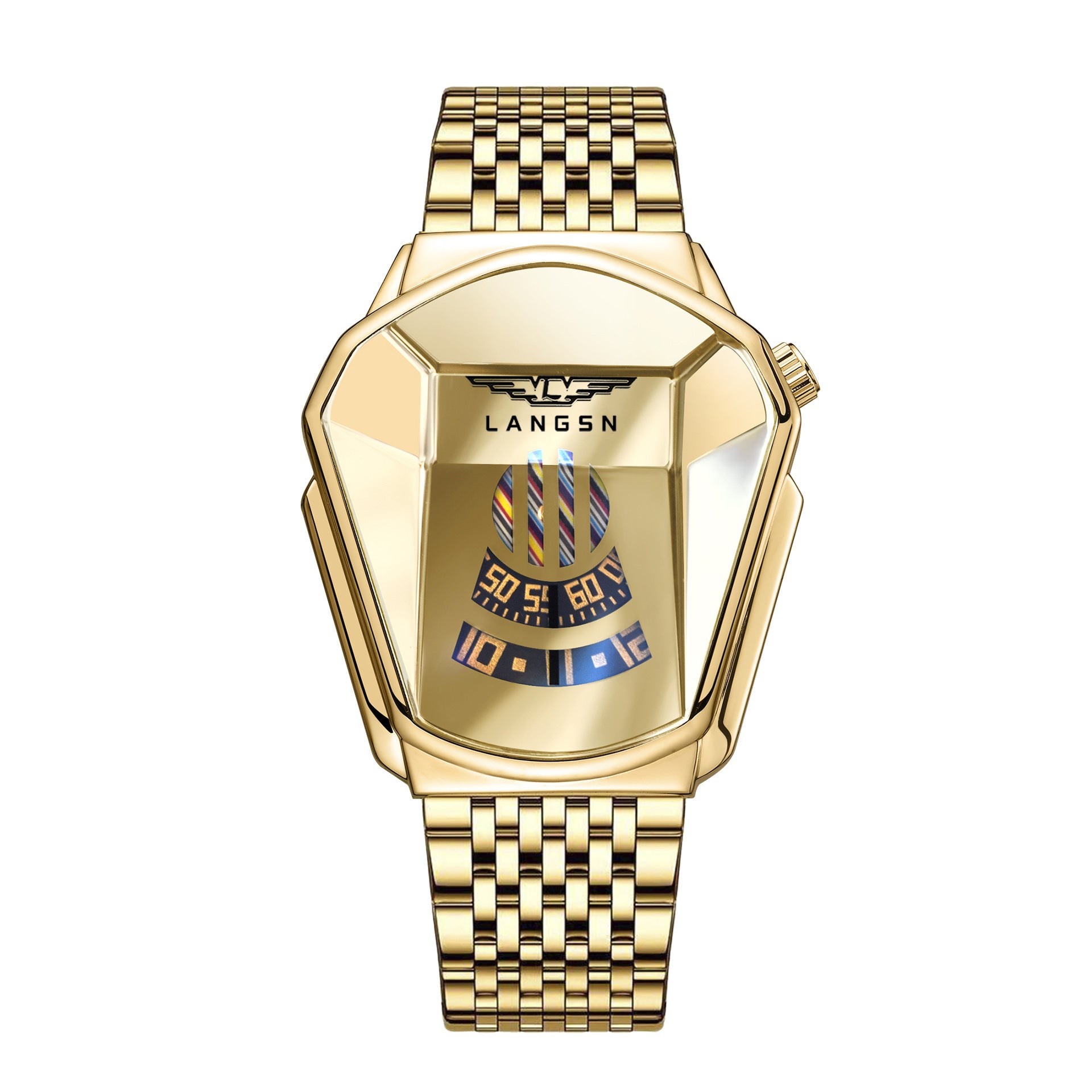 Gold mens watch with a detailed face on a white background