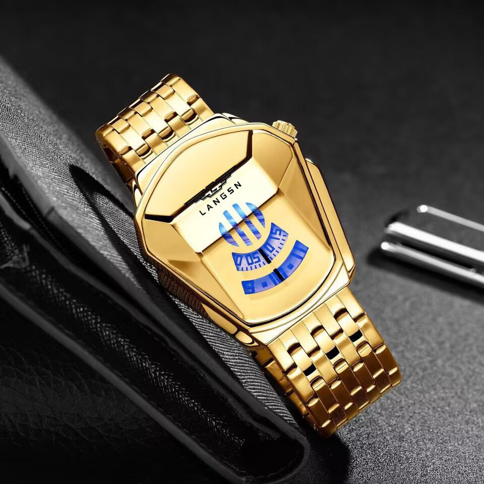 Gold mens watch with a visible brand logo
