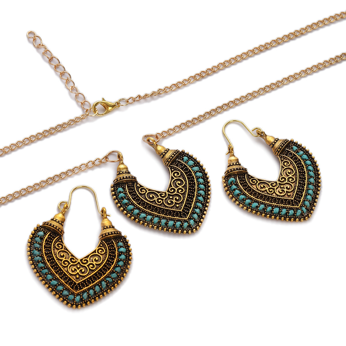 Gold and turquoise heart-shaped earrings and necklace set