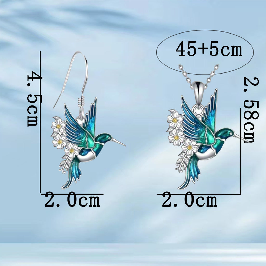 Hummingbird-shaped pendant necklace and earrings set with measurements