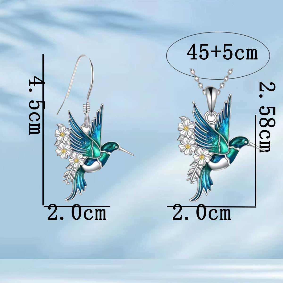 Hummingbird-shaped pendant necklace and earrings set with measurements