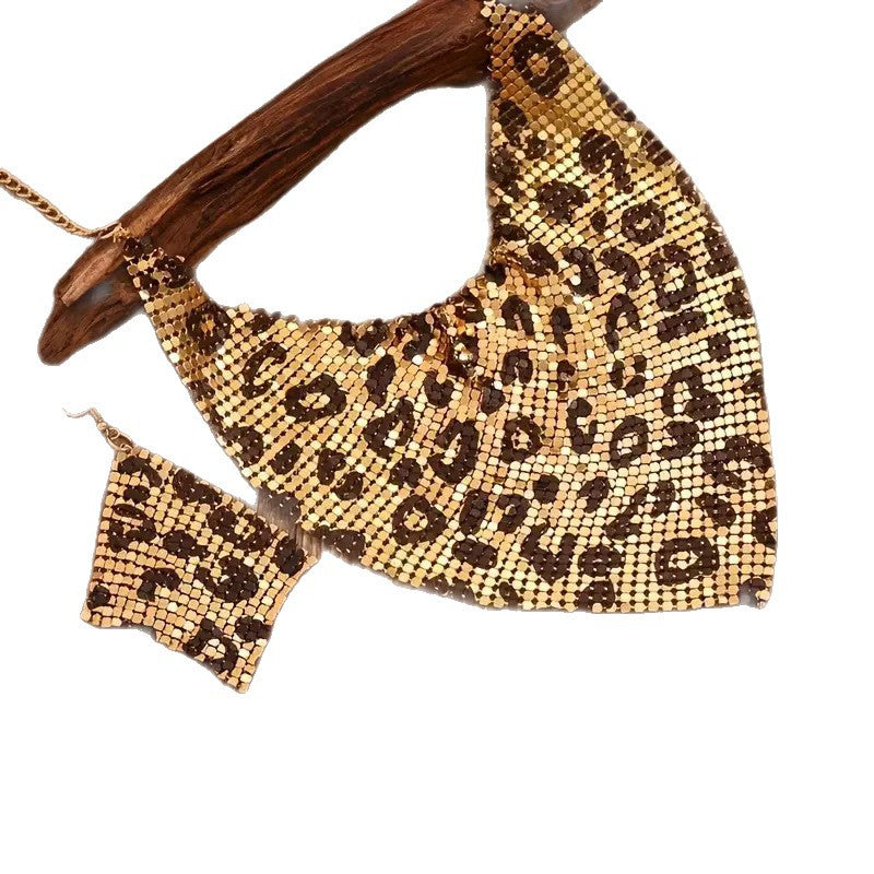 Leopard print mesh scarf necklace and earrings on a wooden hanger