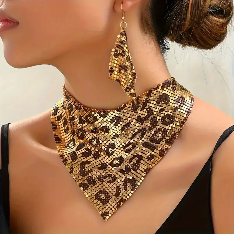 Leopard print scarf necklace and earrings on a model