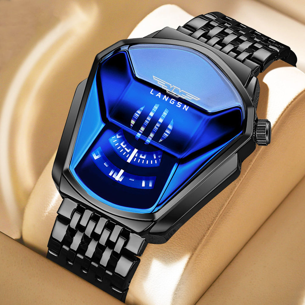 Luxury mens watch with blue face and black metal strap