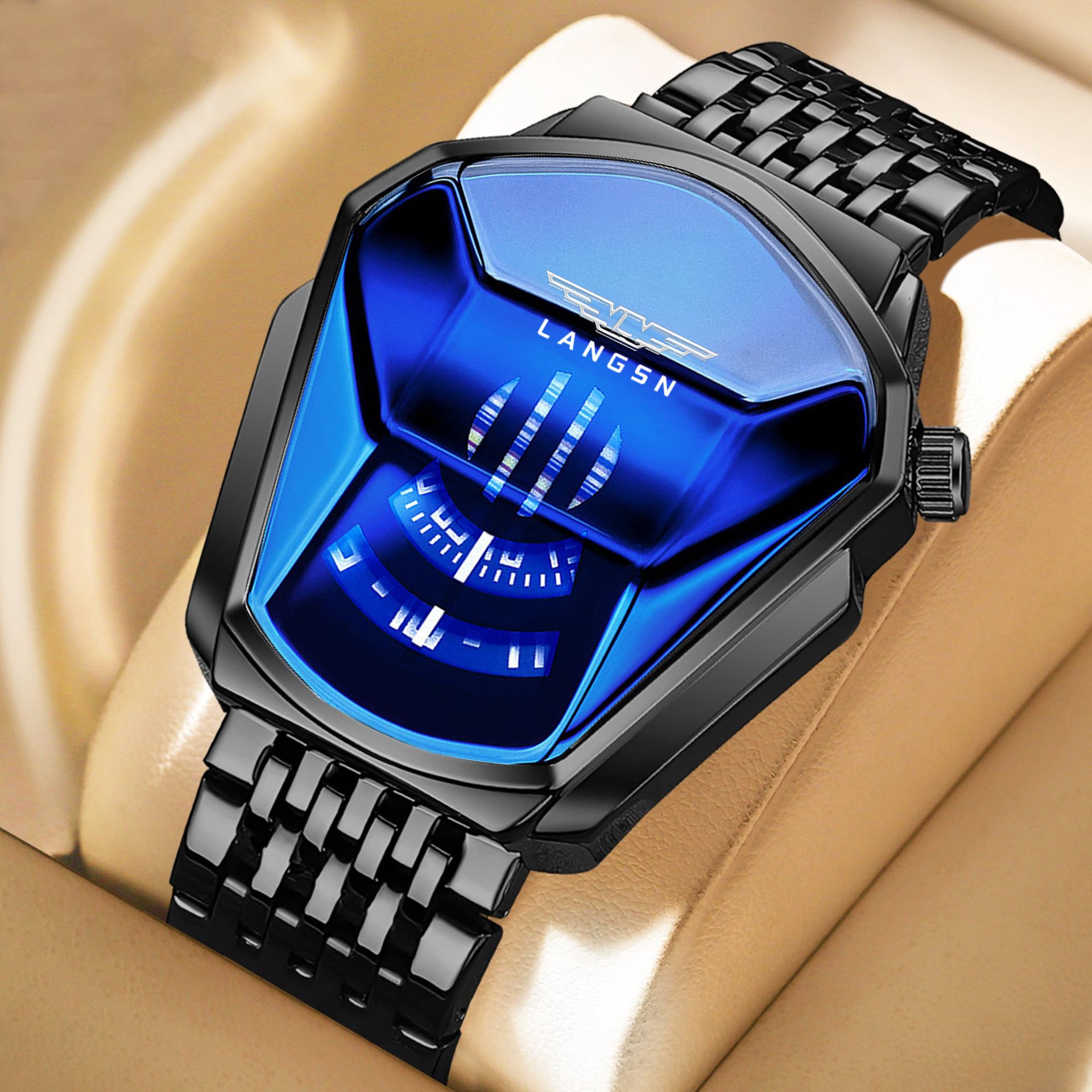 Luxury mens watch with blue face and black metal strap