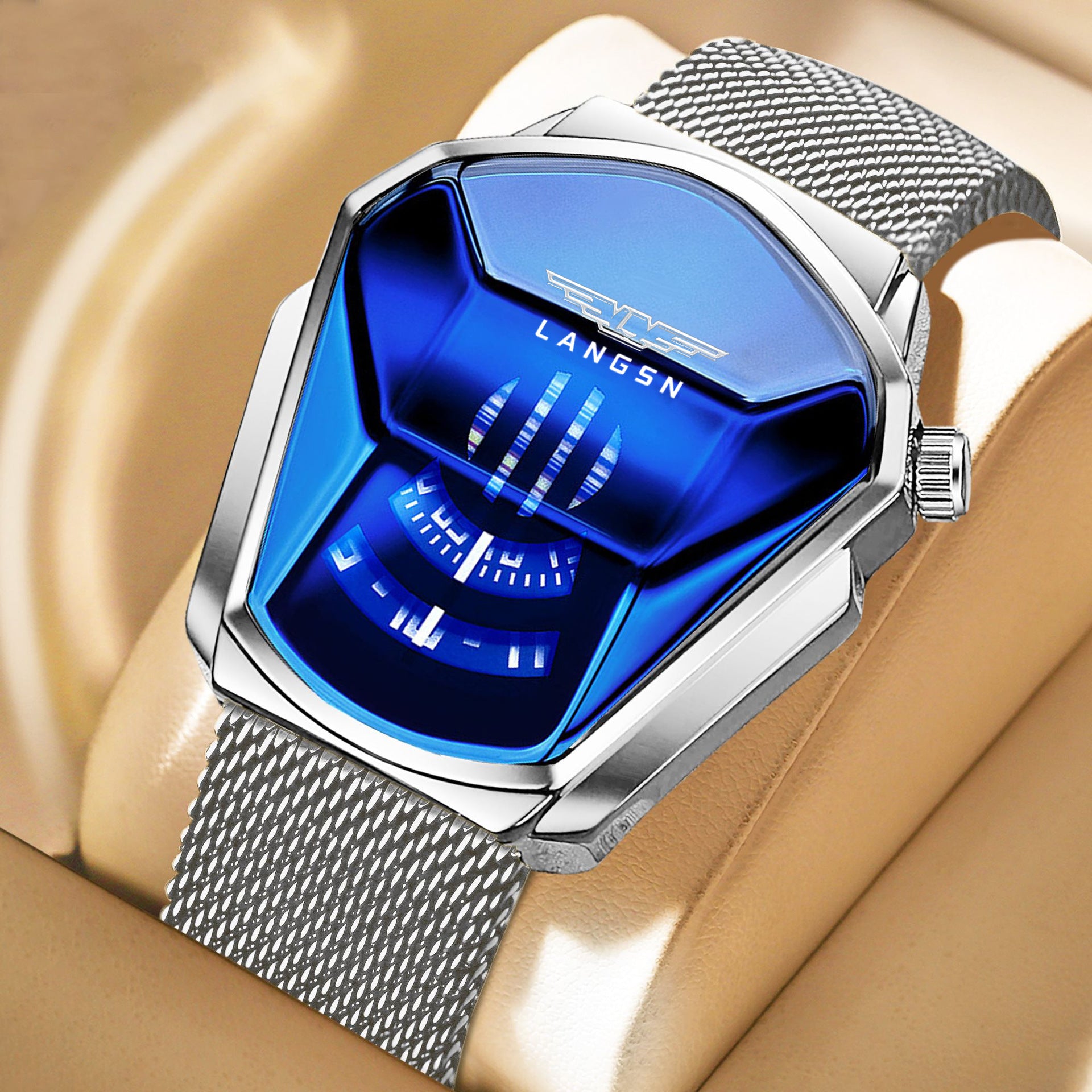 Luxury mens watch with blue face and silver mesh strap