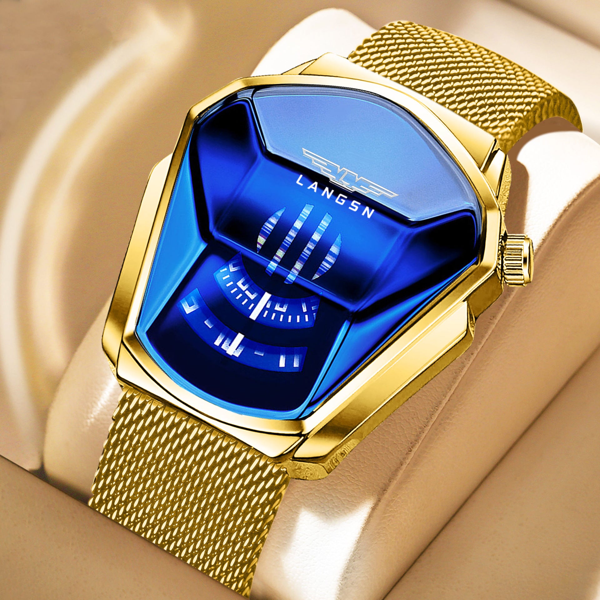mens watch with blue face on a beige background