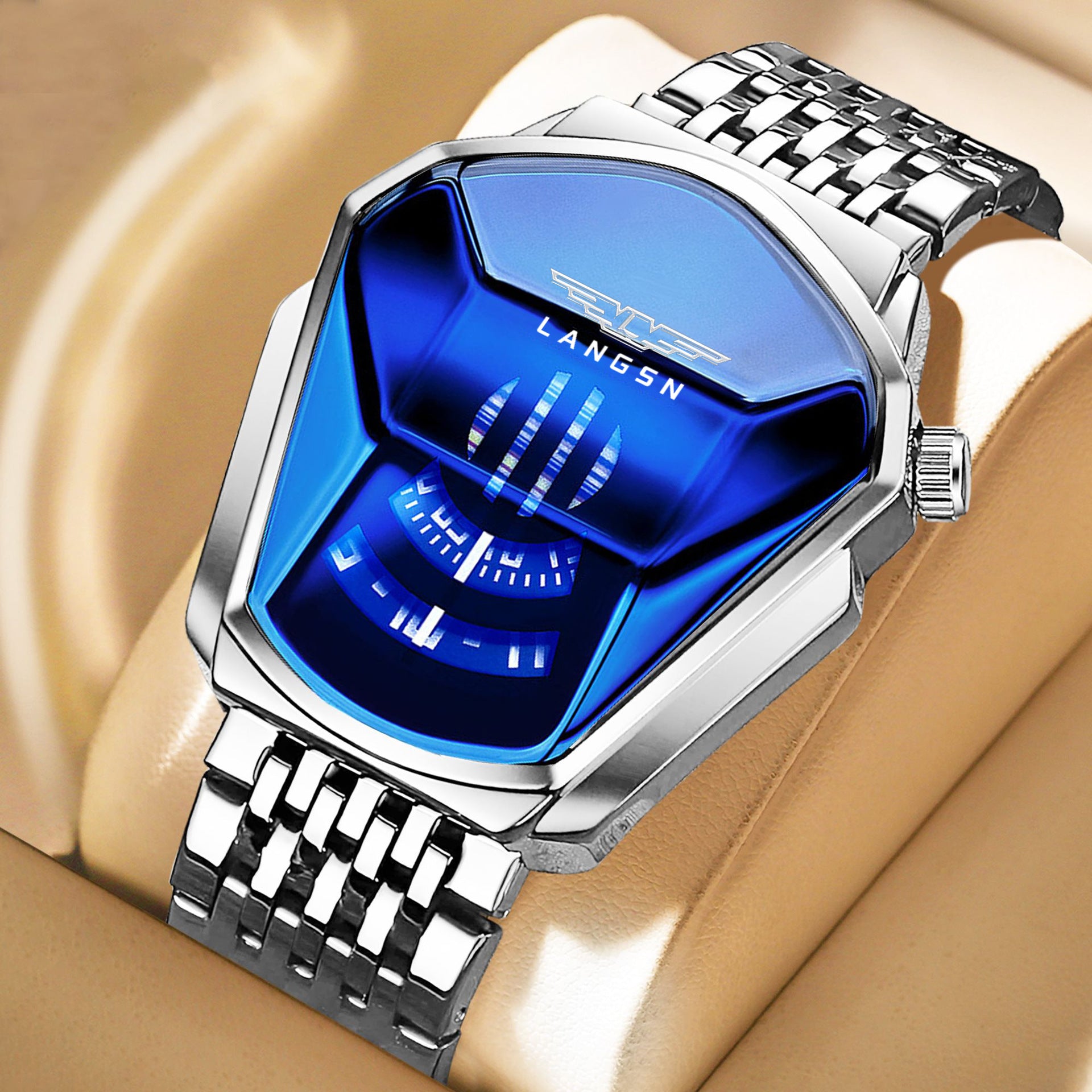 mens watch with blue face and silver metal strap