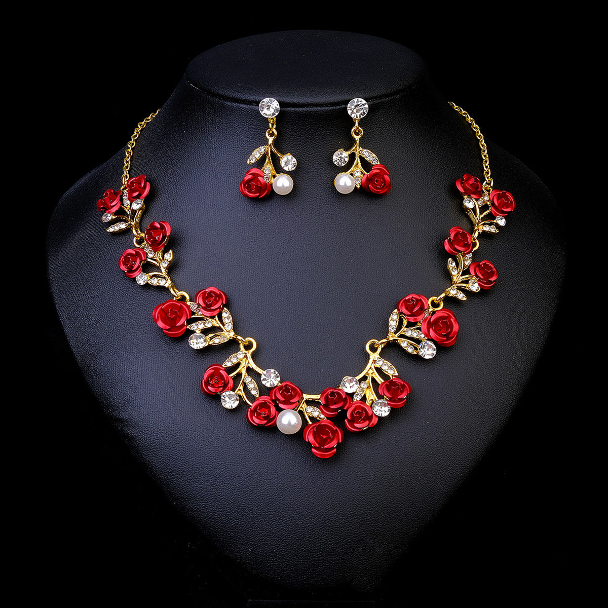 pearl necklace set with red rose earrings