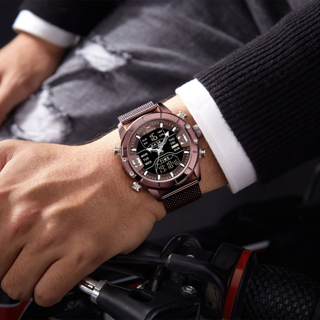 Rose gold men's sport watch on a person's wrist