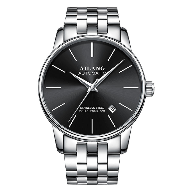 Silver gents automatic watch with black dial