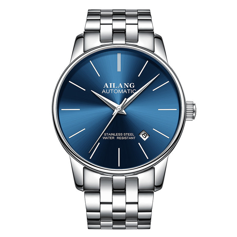 Silver gents automatic watch with blue dial on a white background