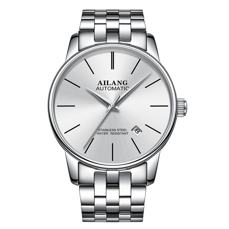 Silver gents automatic watch with white dial on a white background