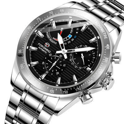 Silver mens mechanical watch with a black dial