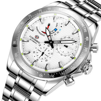 Silver mens mechanical watch with a detailed white face