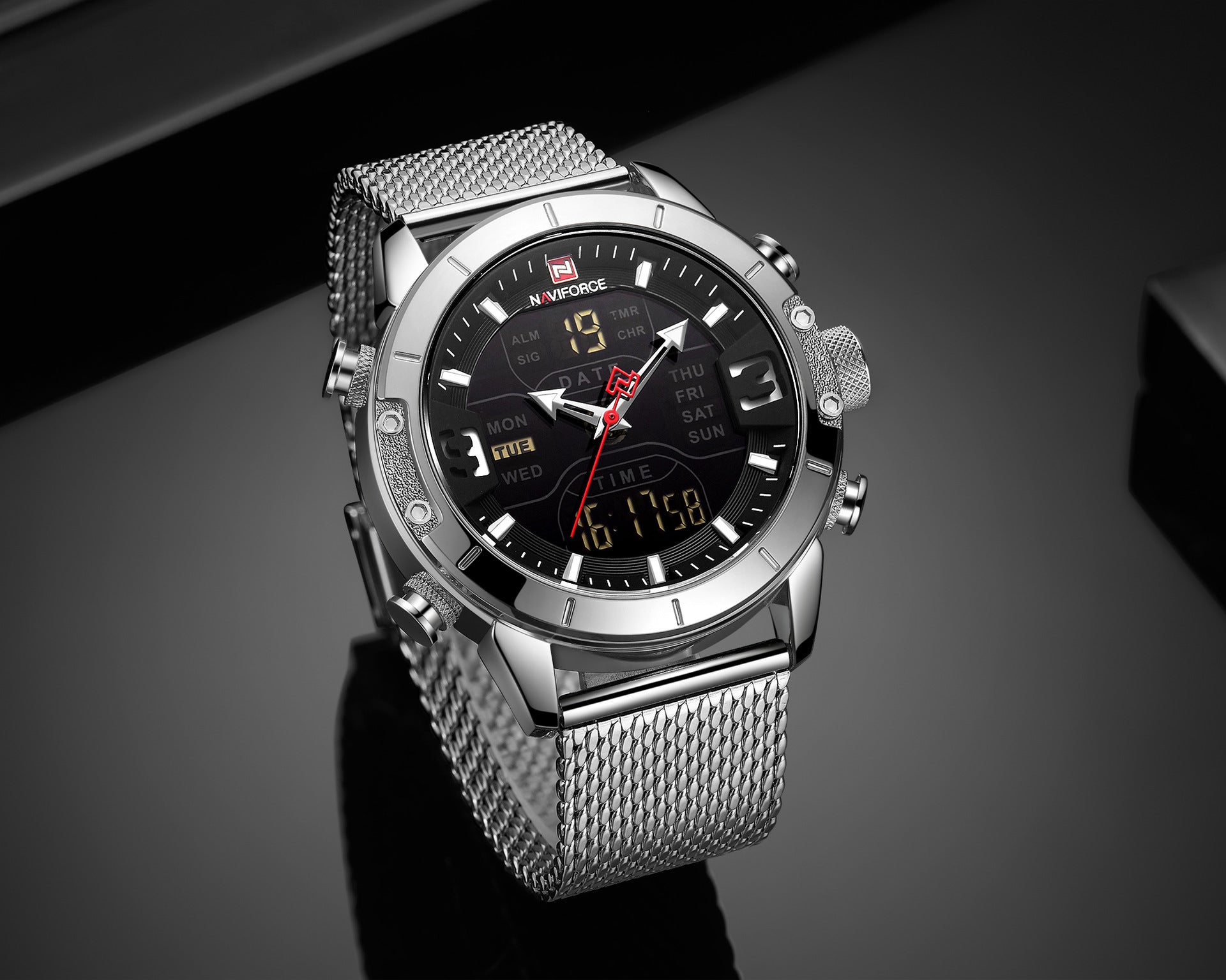 Silver mens sport watch with a black face