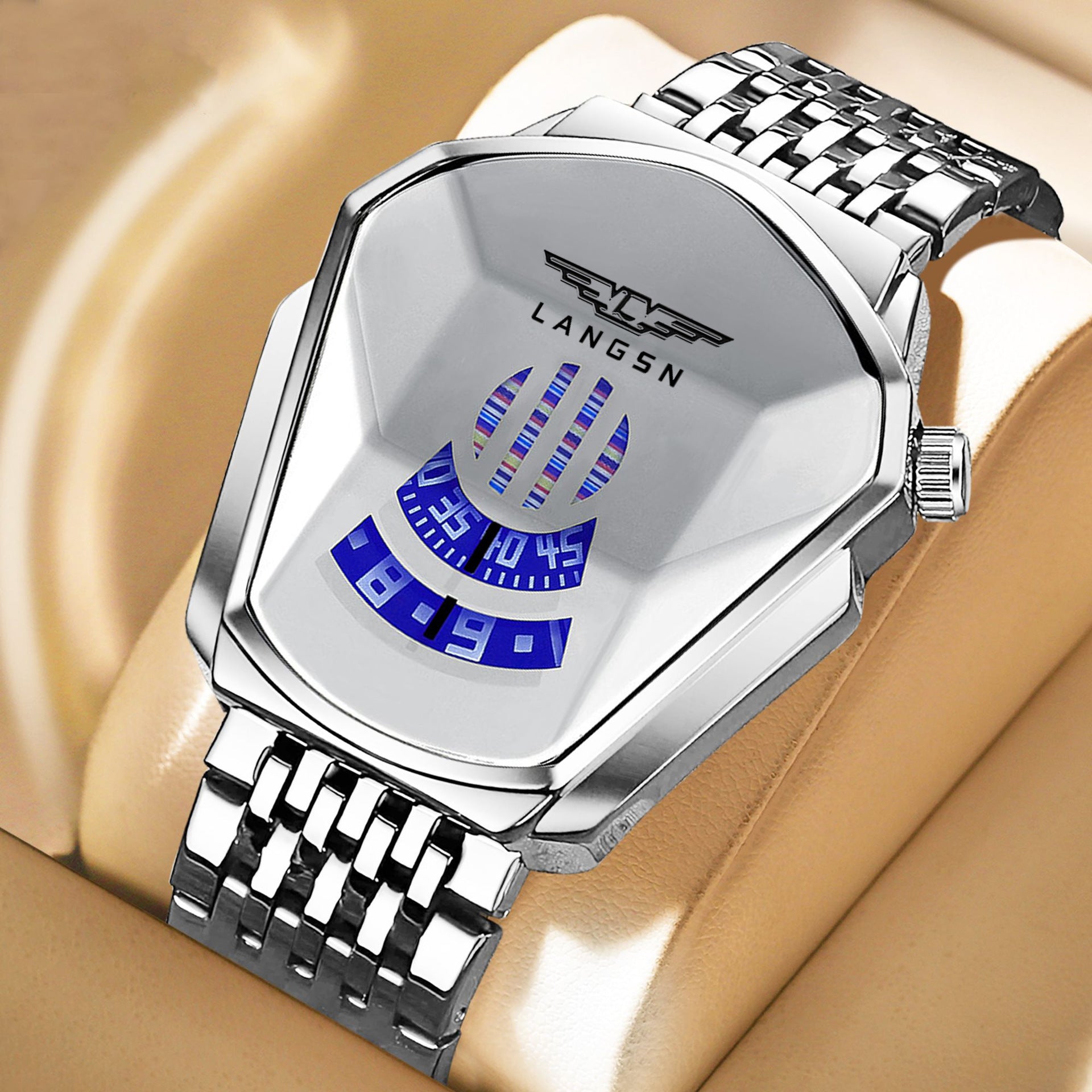 Silver mens watch with blue digital display