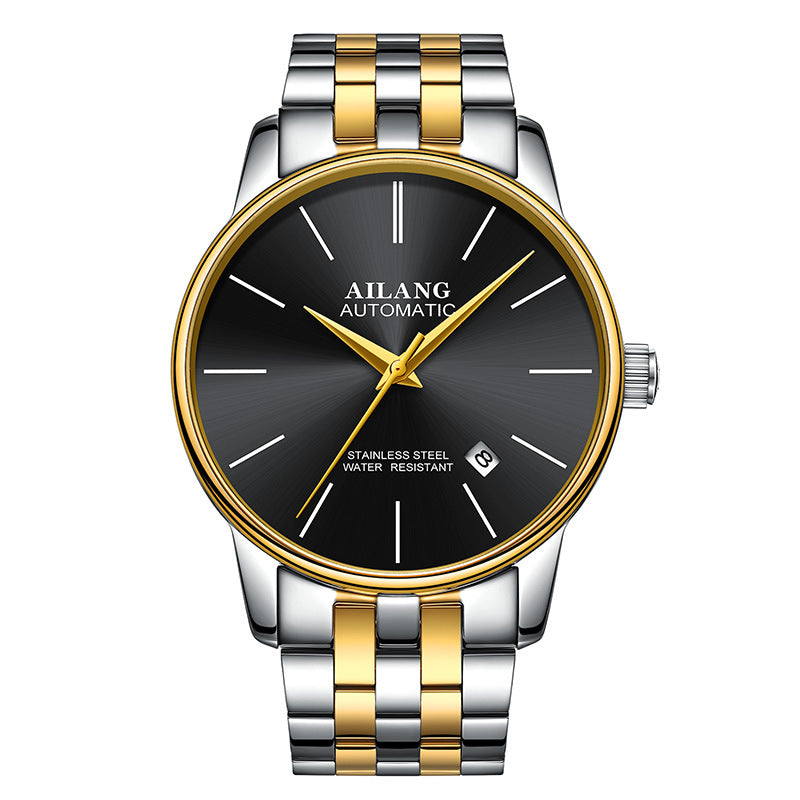 Two-tone silver and gold automatic watch with black dial