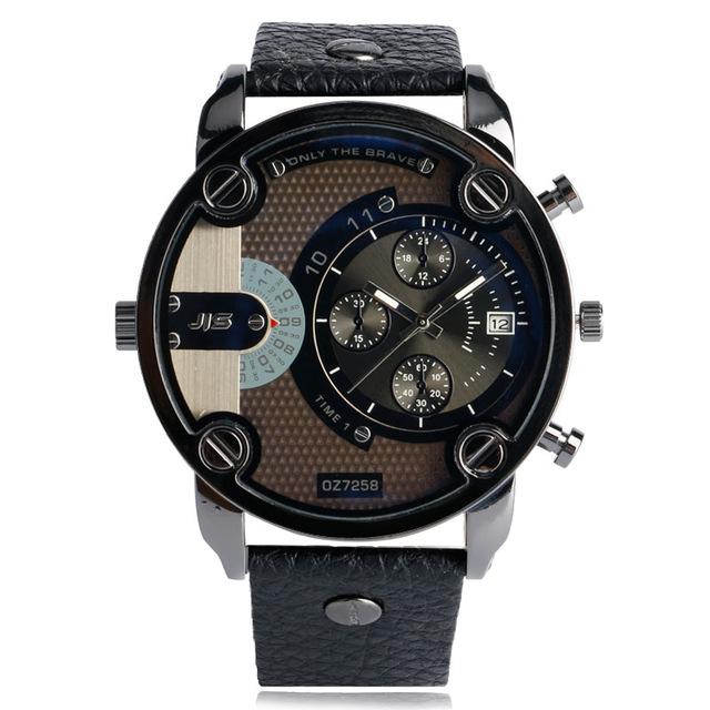 Wristwatch with black leather strap and detailed face