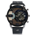 Wristwatch with black leather strap and detailed face