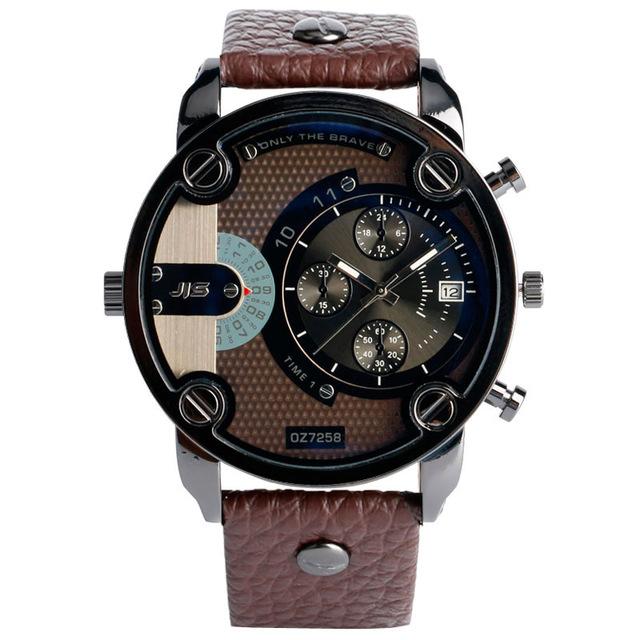 Wristwatch with brown leather strap and detailed face
